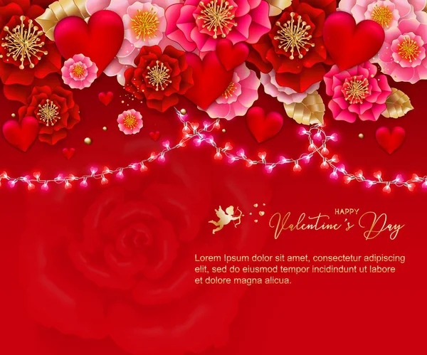 Banner San Valentín Con Bombillas Guirnalda Festiva Corazones Puede Utilizar — Vector de stock