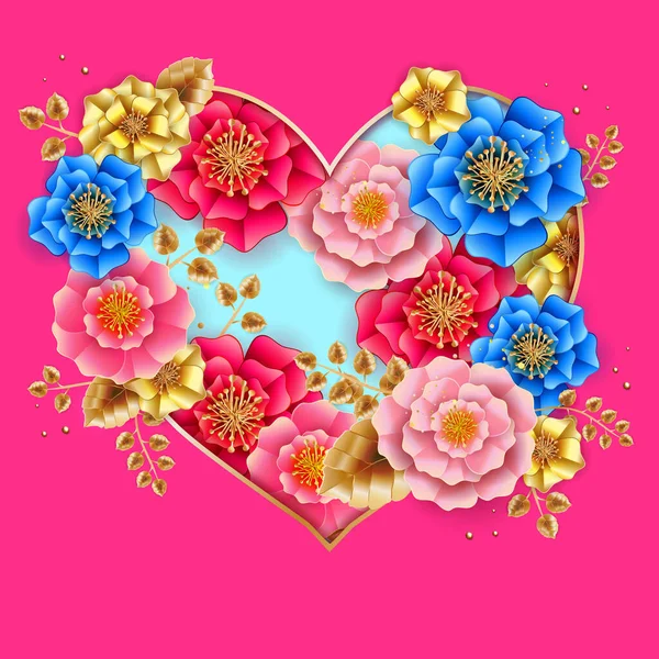 Valentin Nap Banner Gyönyörű Színes Virágok Szív Használható Sablonhoz Bannerekhez — Stock Vector