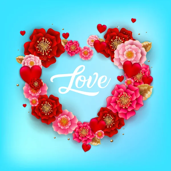 Gelukkige Valentijnsdag Spandoek Met Prachtige Kleurrijke Bloemen Harten Blauwe Achtergrond — Stockvector