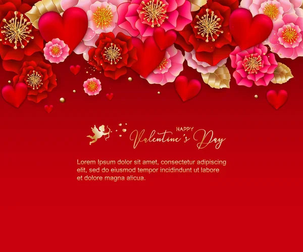 Ημέρα Του Αγίου Βαλεντίνου Πανό Όμορφα Πολύχρωμα Λουλούδια Και Καρδιές — Διανυσματικό Αρχείο