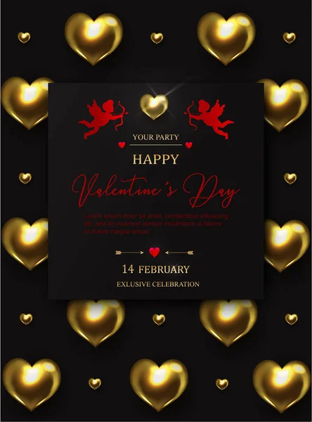 Valentine's Day Party Background With Cupid and Gold and  Red Heart. Romantic Wedding Love Greeting Card. February 14. Vector illustration