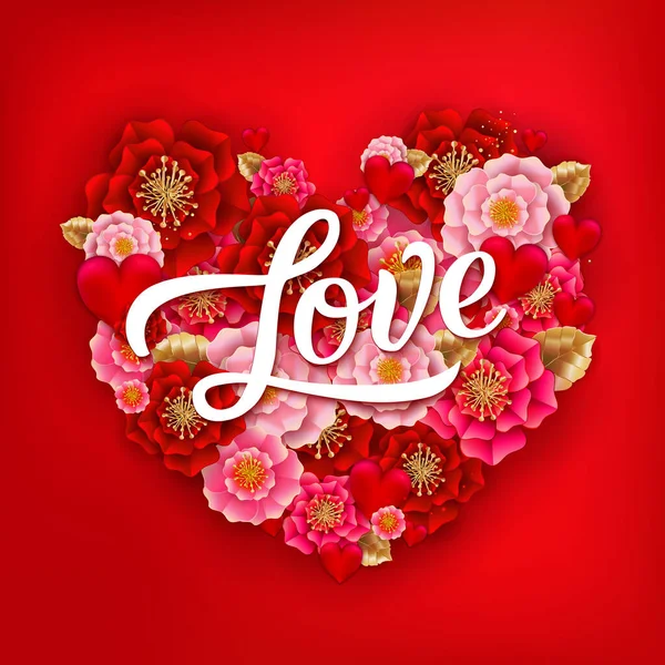 God Valentinsdag Plakat Med Vakre Fargerike Blomster Hjerter Rød Bakgrunn – stockvektor