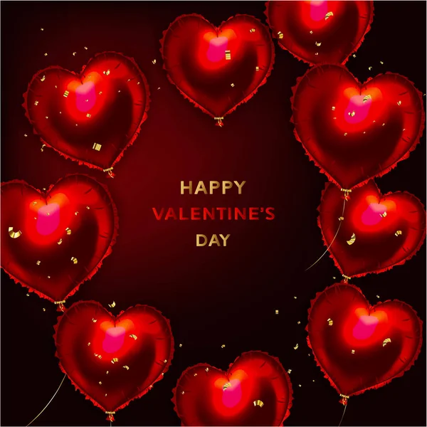 Valentýn Pozadí Červeným Srdcem Balónky Zlaté Confetti Romantický Svatební Pozdrav — Stockový vektor
