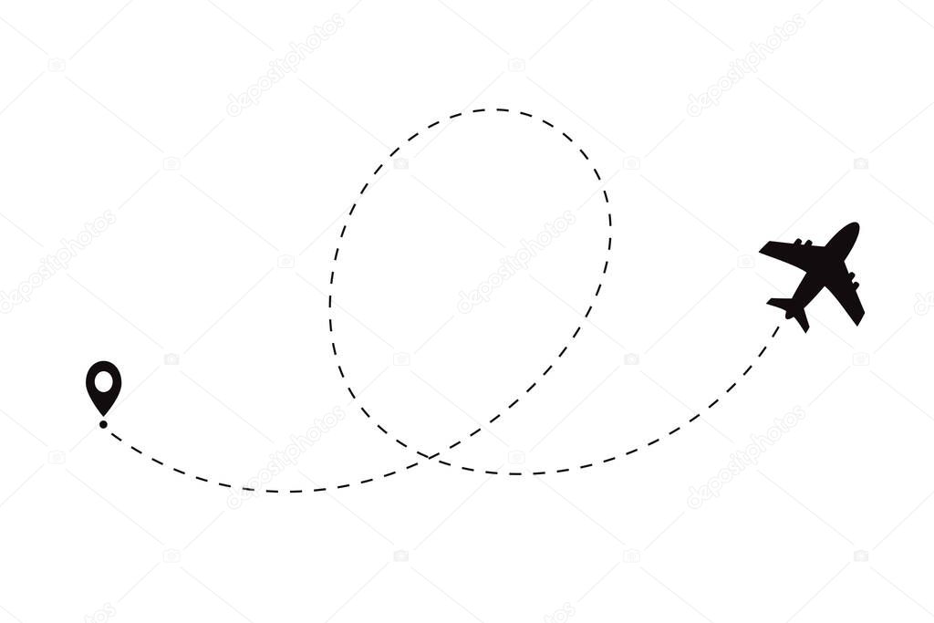 Airplane line path icon of air plane flight route with start point and dash line trac. Vector illustration