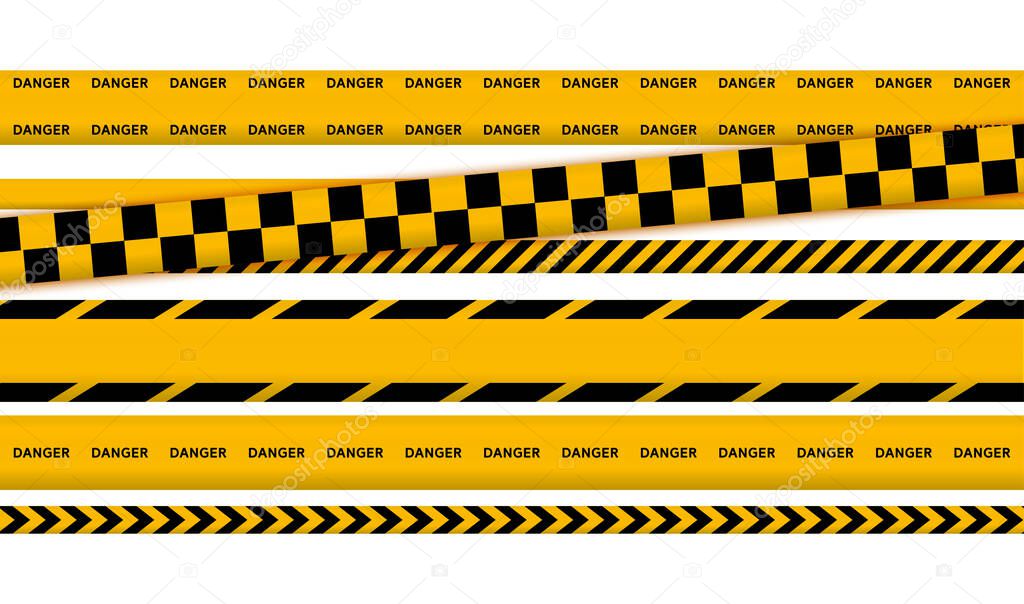 Black and yellow police stripe border, construction, danger caution seamless tapes vector illustration set