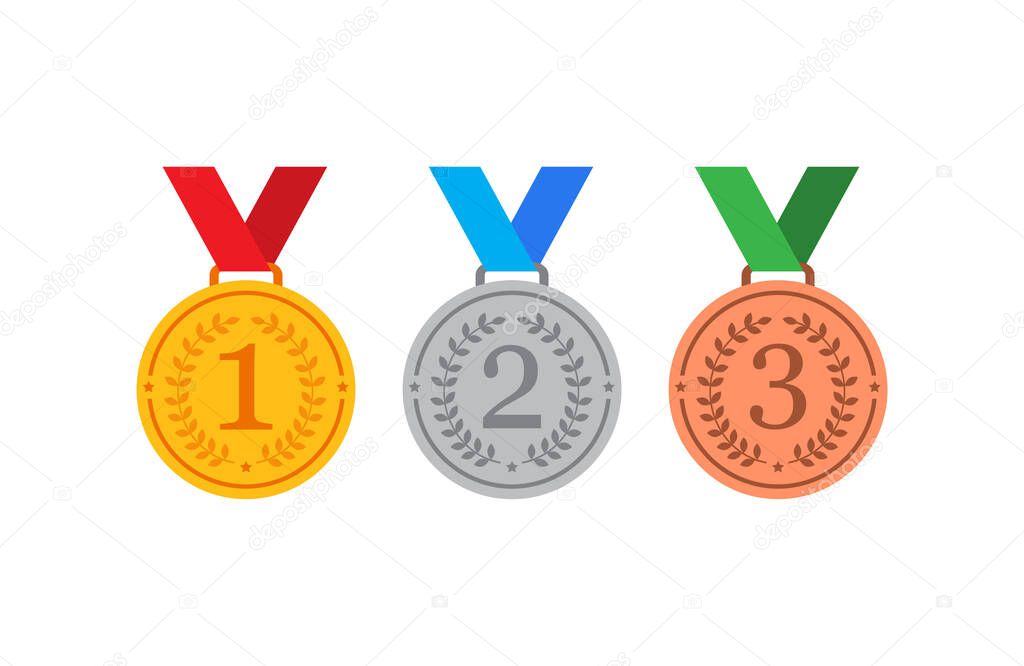 Gold, silver and bronze medals with blue ribbon flat vector icons for sports apps and websites