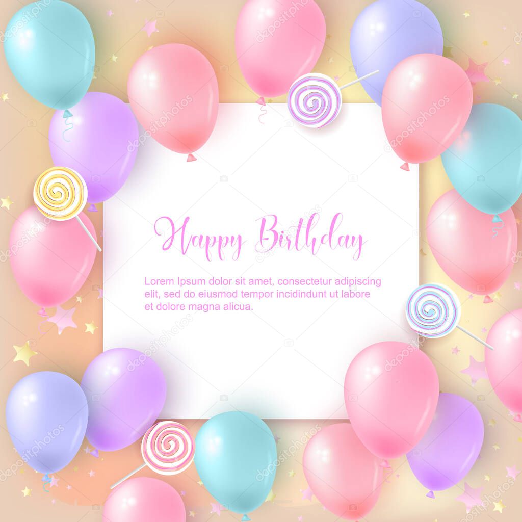 Birthday card with colorful balloons, candy and confetti. Vector illustration