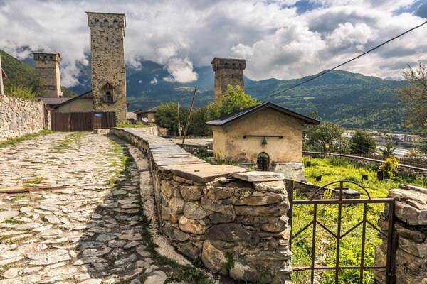 Mountain landscape with the famous towers of Svaneti. Georgia