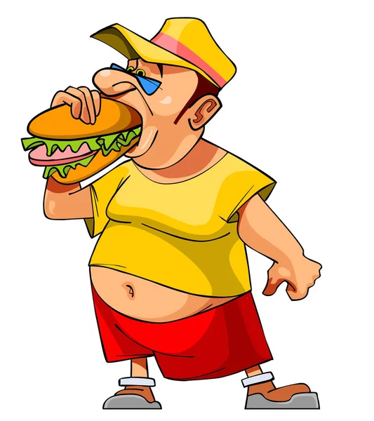 Cartoon bellied man eats a hamburger — Stock Vector