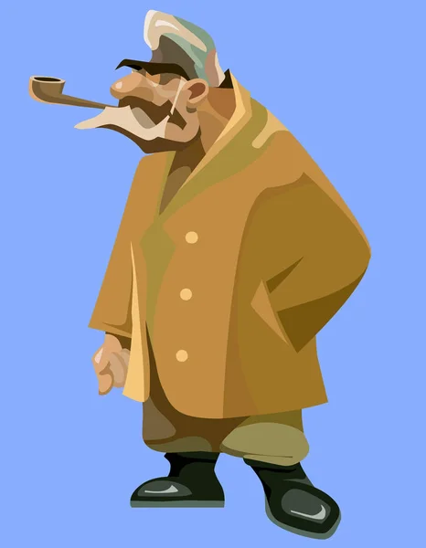 Painted pensive grandfather in a sheepskin coat with a pipe in his mouth — Stock Vector