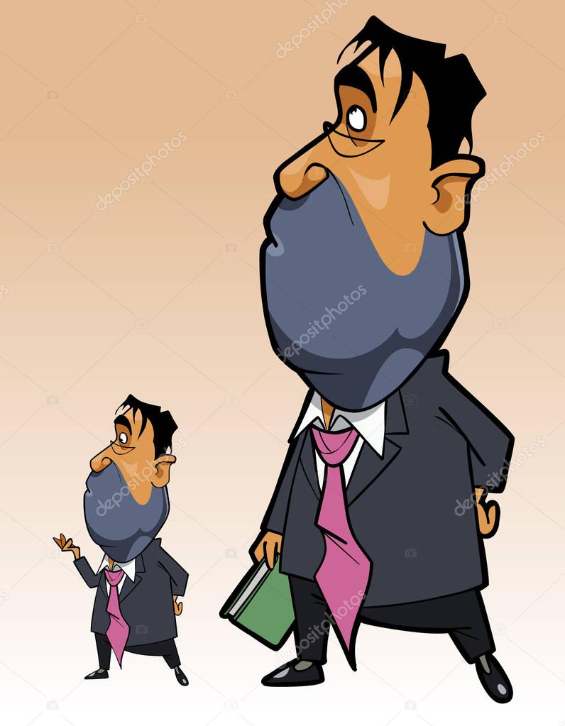 cartoon man in a suit with a folder in his hand standing reflects and looks up