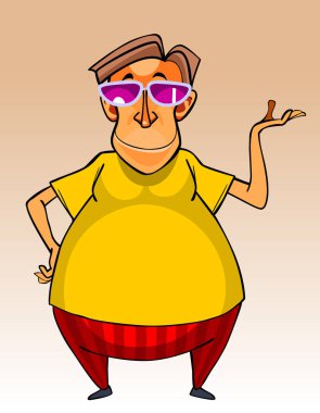 çizgi film karakteri büyük karınlı erkekte bir giysi ve pembe güneş gözlüğü