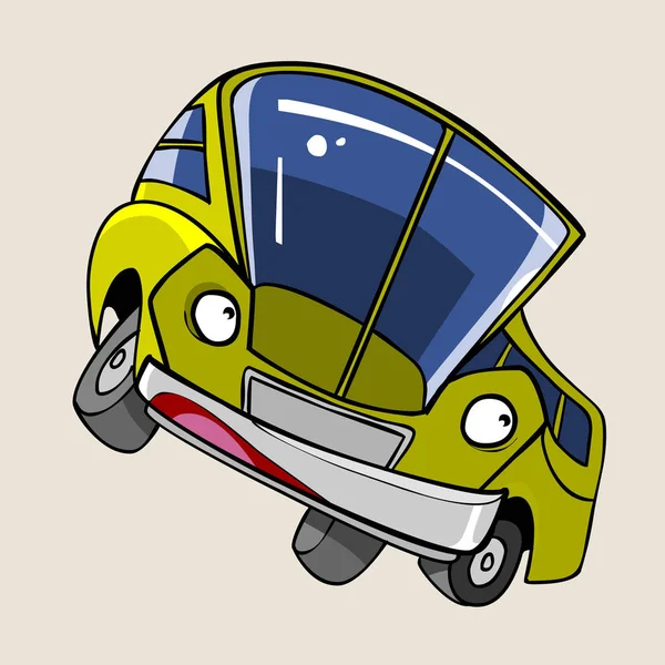 Personaje de dibujos animados alegre autobús amarillo se para de lado — Archivo Imágenes Vectoriales
