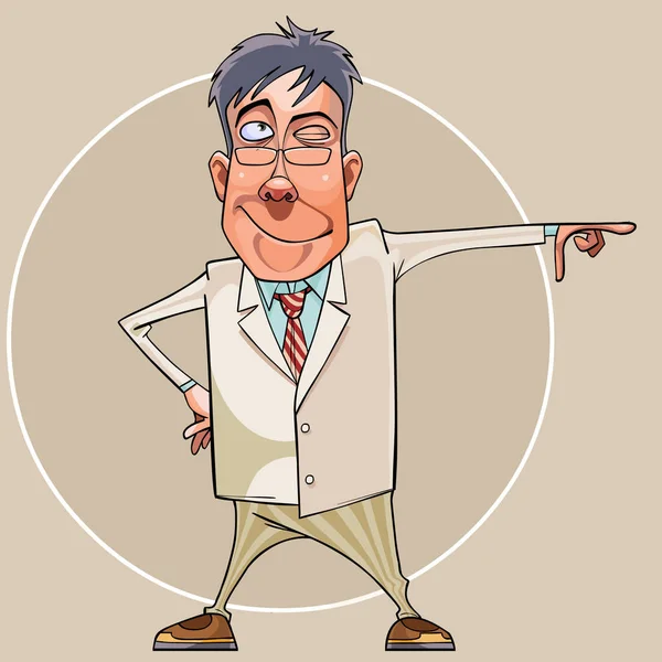 Dessin animé souriant homme en costume et lunettes montrant sa main vers — Image vectorielle