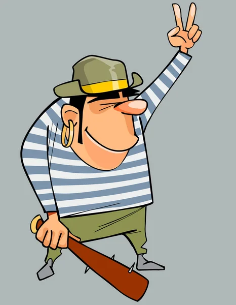 Karikaturist im Piratenkostüm mit Schlagstock zeigt Geste — Stockvektor