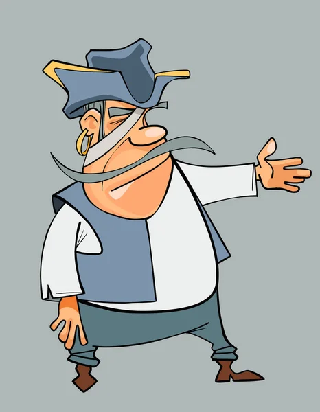 Cartoon mustached man dressed in pirate shows his hand towards — Stock Vector
