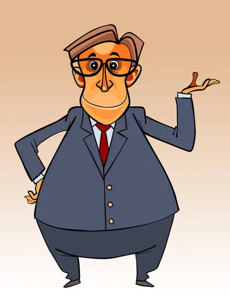Karikatúra karakter nagy hasú férfi öltöny és a nyakkendő és a szemüveg — Stock Vector