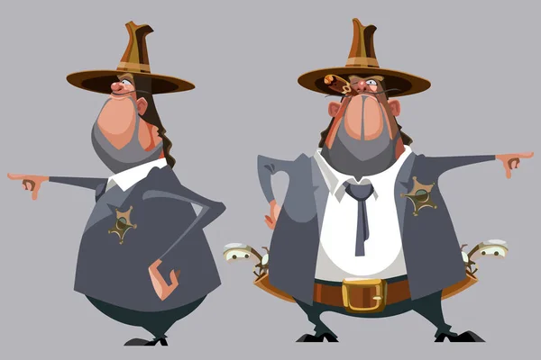 Cartoon man sheriff in een hoed staat in voorzijde en kant — Stockvector