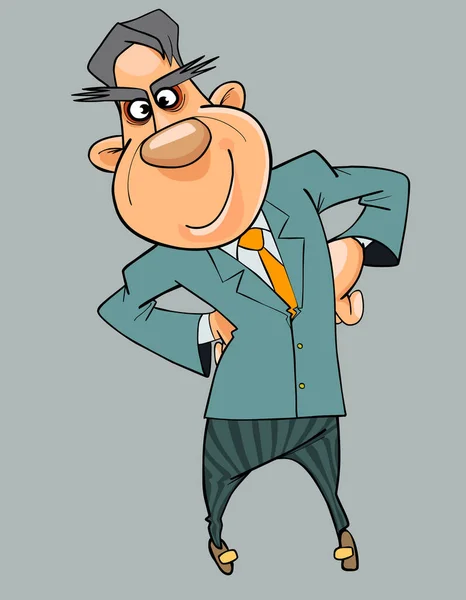 Γελοιογραφία χαρούμενος άνθρωπος σε ένα κοστούμι και γραβάτα στέκεται όπλων akimbo — Διανυσματικό Αρχείο