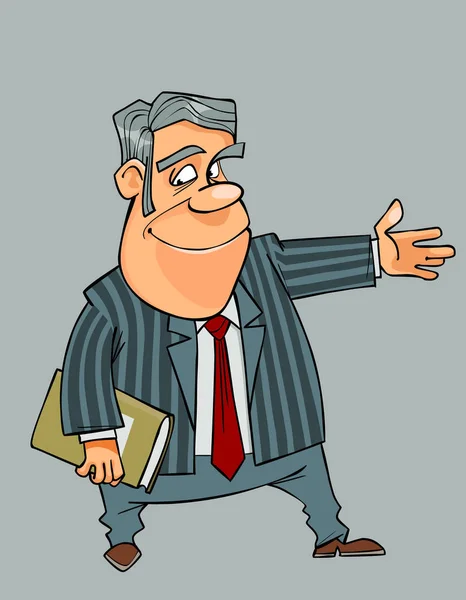 Hombre sonriente de dibujos animados en un traje y corbata muestra su mano hacia — Vector de stock
