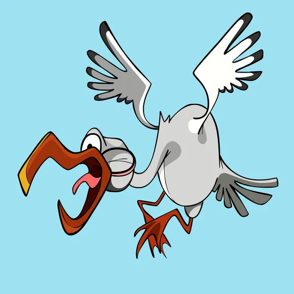 Divertente cartoon cicogna uccello volante con becco aperto e grida — Vettoriale Stock