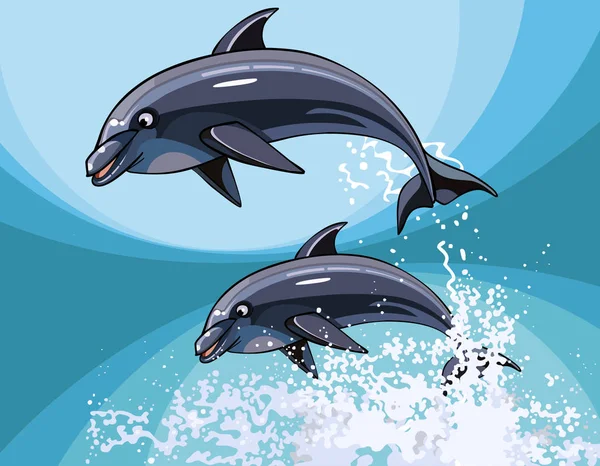 Dos delfines de dibujos animados saltando felizmente en salpicaduras de agua — Vector de stock
