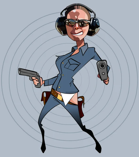 Kartun komik petugas polisi wanita dengan senjata di tangan mereka - Stok Vektor