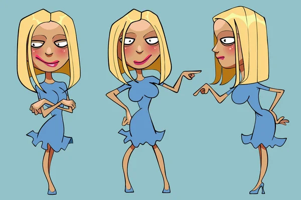 Kreslený Legrační blond žena v různých pozicích — Stockový vektor