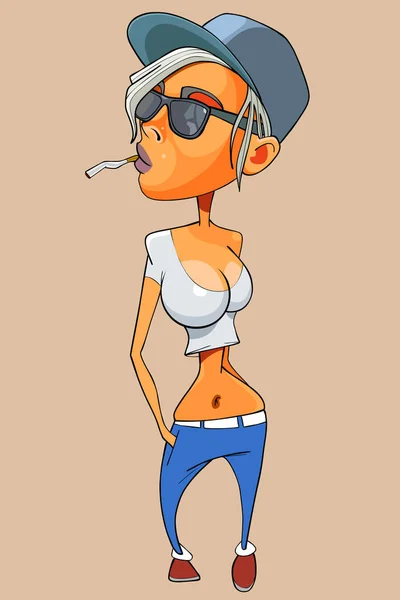 Κινούμενα σχέδια κορίτσι έφηβος σε ένα καπάκι γυαλιά ηλίου και ένα τσιγάρο στο στόμα του — Διανυσματικό Αρχείο
