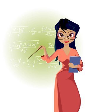 çizgi film kadın öğretmen matematiksel formüller tahta zemin üzerine