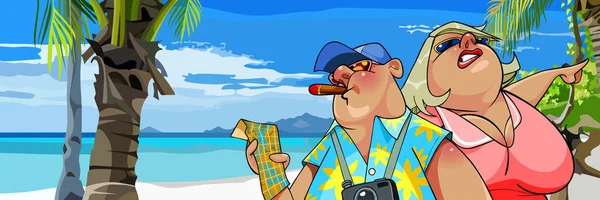 Kreskówka tłuszczu turystów z mapą na plaży z palmami — Wektor stockowy