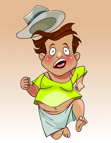Hombre gordo divertido de dibujos animados en el sombrero rápidamente huye asustado — Vector de stock