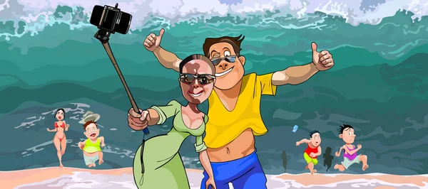 Desenhos animados turistas selfie fazer no fundo do tsunami —  Vetores de Stock