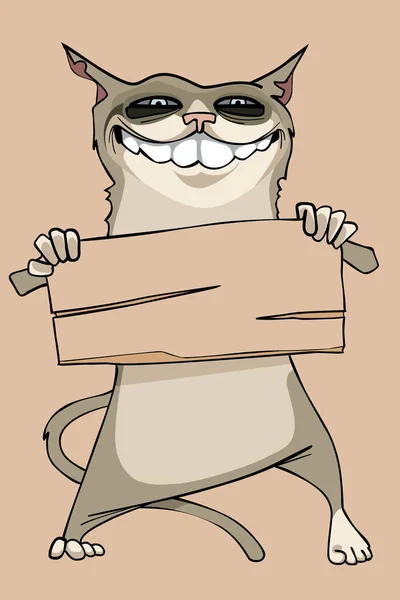 Cartoon lustig lächelnde Katze hält ein leeres Holzschild — Stockvektor