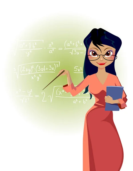 Cartone animato insegnante donna su sfondo lavagna con formule matematiche — Vettoriale Stock