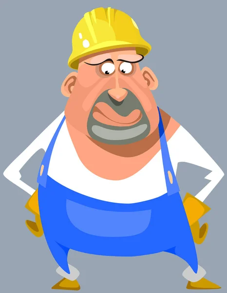 Cartoon puzzled man in overalls and a helmet — Stock Vector