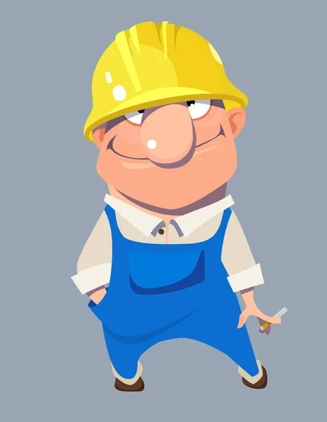 Caricatura sonriente hombre trabajador en casco — Vector de stock