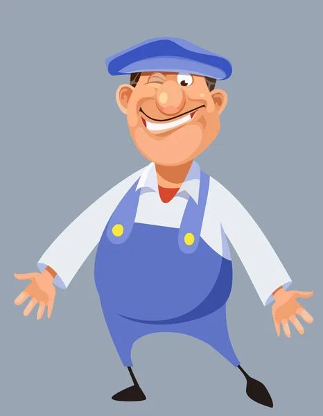 Śmieszne kreskówka mężczyzna pracownik w niebieskie ogrodniczki i pokrywy — Wektor stockowy