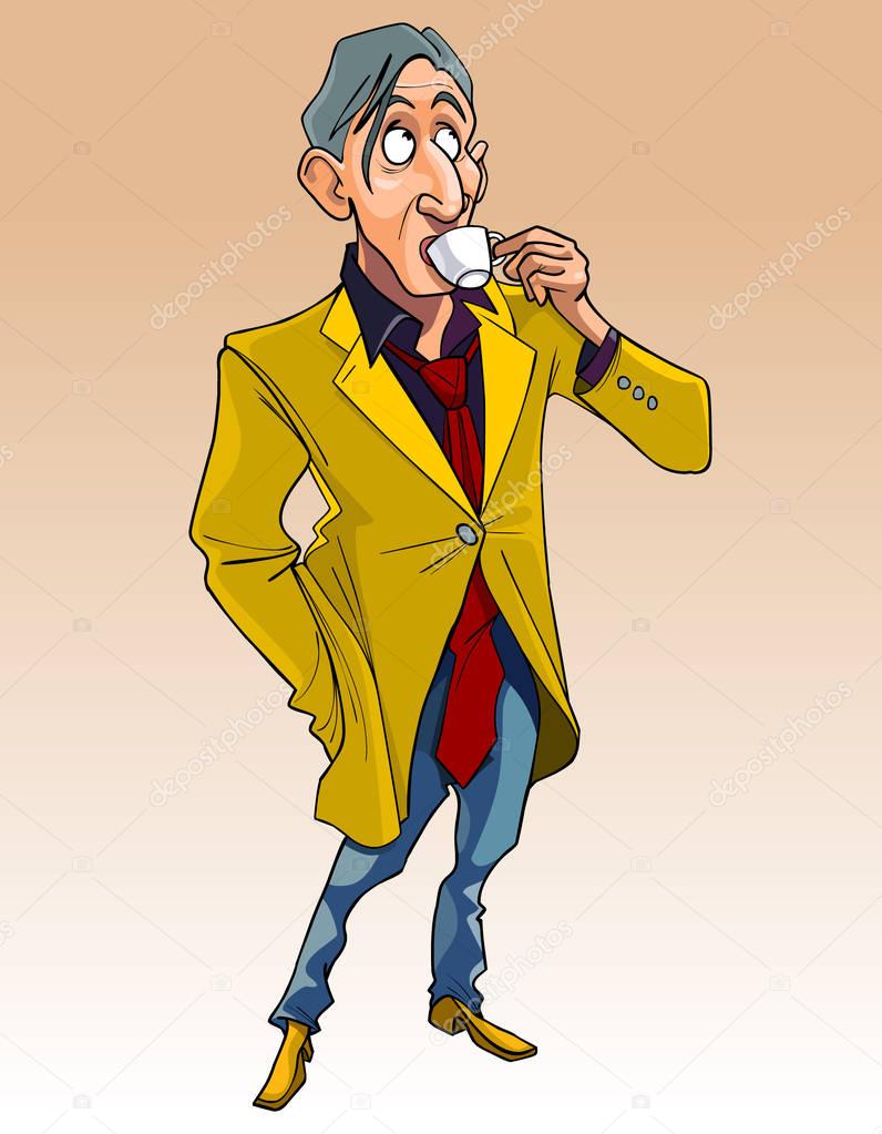 cartoon man in fashionable clothes standing and drinking a cup of coffee