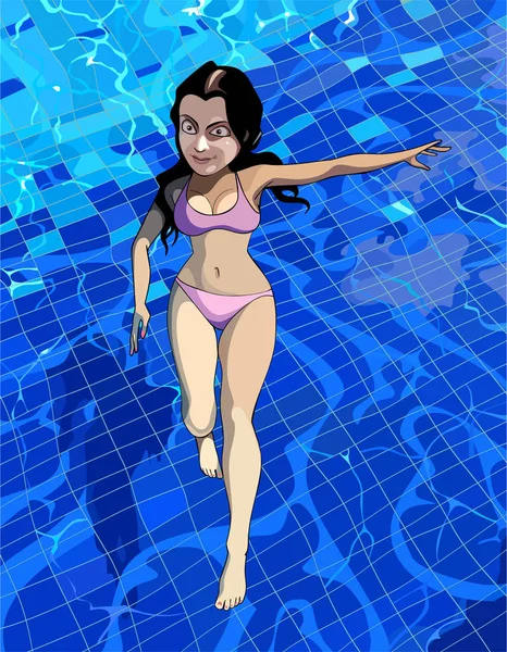 Fumetto ragazza in costume da bagno galleggiante in piscina — Vettoriale Stock