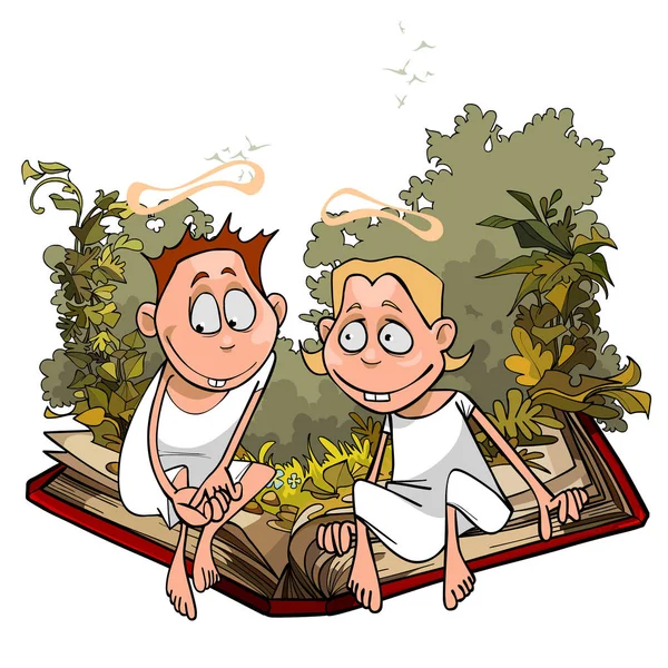 Ángeles de dibujos animados en las plantas están sentados en un gran libro — Vector de stock