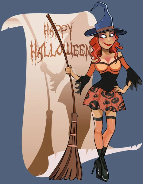 Kreskówka kobieta czarownic miotła Gratulacje dla happy Halloween — Wektor stockowy