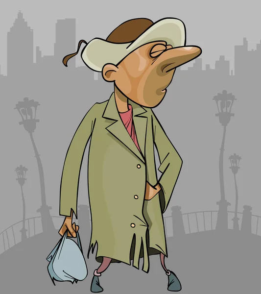 Γελοιογραφία άστεγος άντρας σε μια κουρελιασμένη παλτό με σακούλα στο χέρι — Διανυσματικό Αρχείο