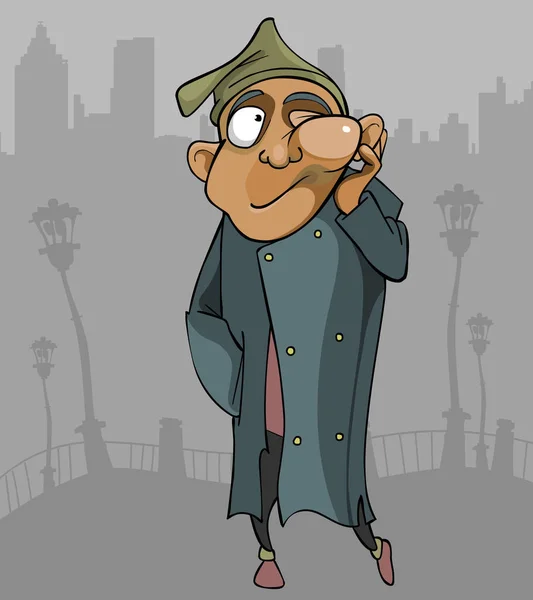 Hombre sin hogar de dibujos animados con el flujo pasa por la ciudad — Archivo Imágenes Vectoriales