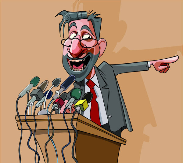 Мультфильм человек в костюме эмоционально говорит в микрофон
