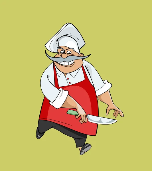Cartoon glada kocken hoppa med en kniv i handen — Stock vektor