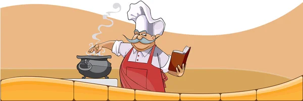 Cuoco dei cartoni animati cucina nella pentola e guarda nel libro — Vettoriale Stock