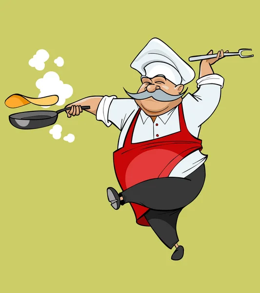 Cartone animato baffuto chef gioia saltando con una padella — Vettoriale Stock