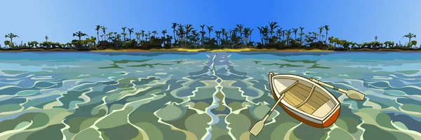 Cartoon barco vazio flutuando no mar ao largo da costa tropical — Vetor de Stock