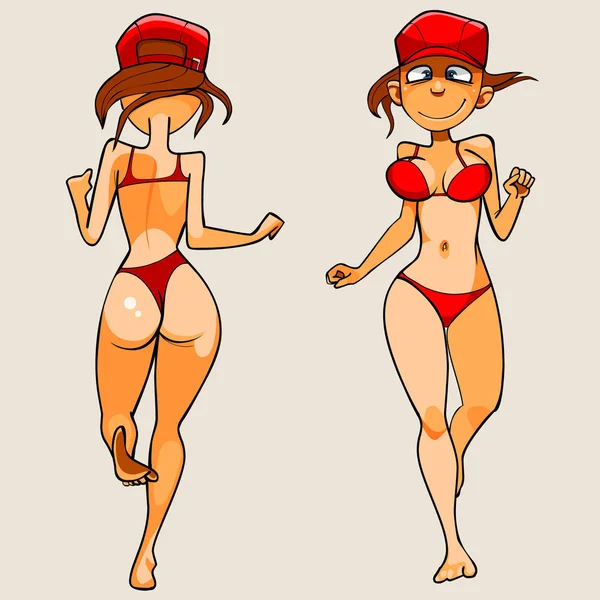 Femme dessin animé en maillot de bain et casquette vue en cours d'exécution avant et arrière — Image vectorielle